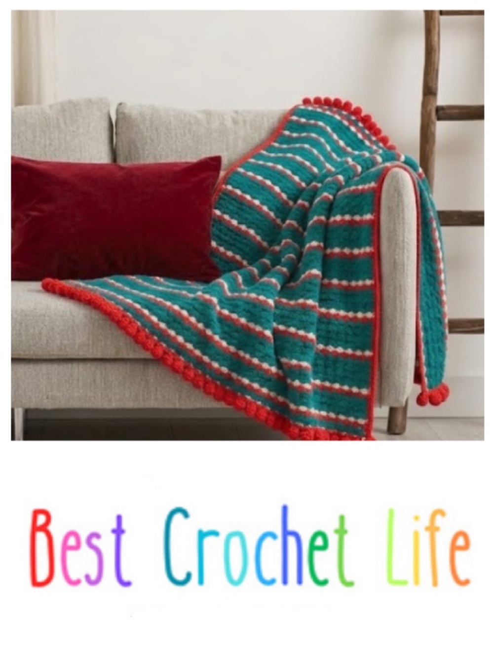 Handmade Crochet blanket in teal/red/white (61” x 46”)